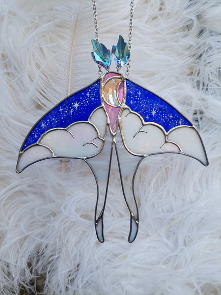 Luna moth - royal blue and iridescent white, purple antennas