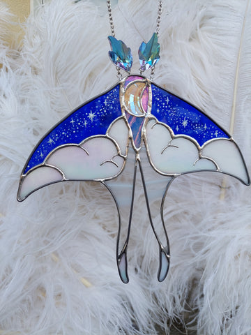 Luna moth - royal blue and iridescent white, purple antennas